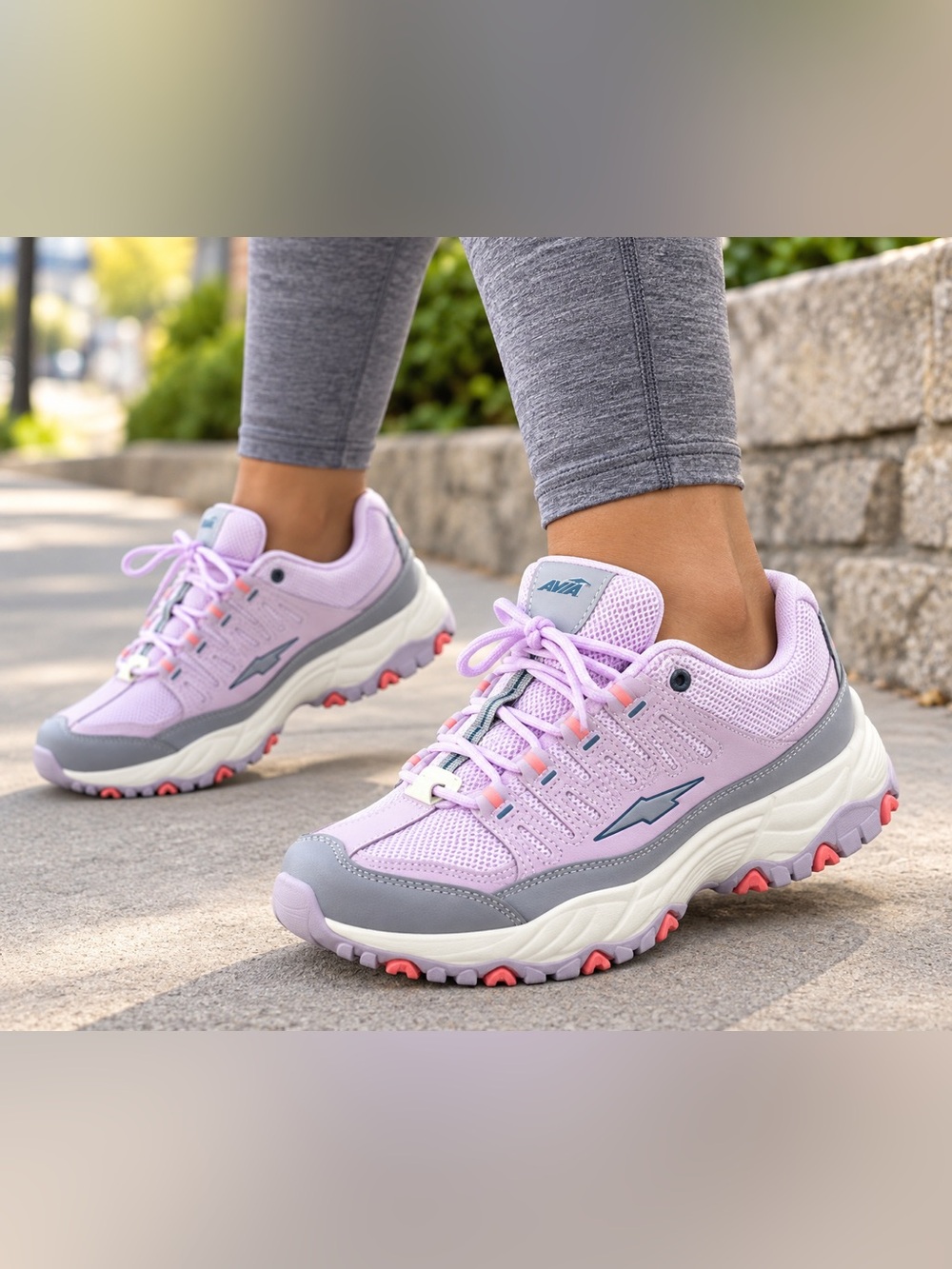 AVIA women’s wide-width sneakers, size 7½, in a light lavender/pink with gray,